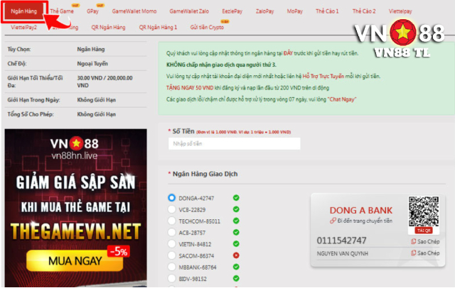 Chuyển tiền vào VN88 bằng ngân hàng địa phương