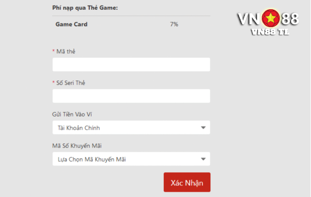 Giao diện khi bạn dùng thẻ game để nạp tiền cá cược