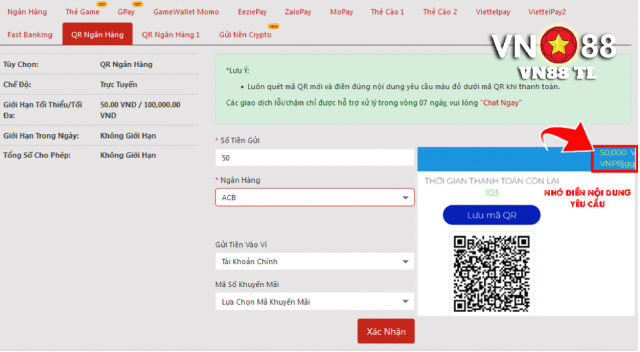 Nạp tiền VN88 bằng mã QR nhanh chóng